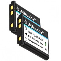 2x Minadax® Qualitaetsakku mit echten 600 mAh fuer FujiFilm, wie NP-45 - Intelligentes Akkusystem mit Chip