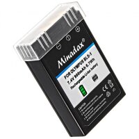 Minadax® Qualitaetsakku mit echten 900 mAh fuer Olympus E 400, E 410, wie BLS-1 - Intelligentes Akkusystem mit Chip