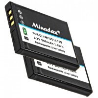 2x Minadax® Qualitaetsakku mit echten 500 mAh fuer Olympus FE-4040 FE-4020 X-940 VG-160, wie LI-70B - Intelligentes Akkusystem mit Chip