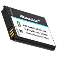 2 x Minadax® Qualitaetsakku mit echten 600 mAh fuer Samsung ES91, ES95, ST68, ST72, ST73, WB32, DV150, DV151, ST150, WB30, WB31, wie BP-70A - Intelligentes Akkusystem mit Chip