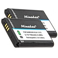 2x Minadax® Qualitaetsakku mit echten 750 mAh fuer Samsung Digimax i85 L74w L210 NV11 NV24HD NV30 NV40 NV100HD, wie SLB-1137D - Intelligentes Akkusystem mit Chip