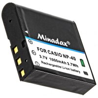 Minadax® Ladegerät 100% kompatibel mit Casio NP-40 inkl. Auto Ladekabel, Ladeschale austauschbar + 1x Akku Ersatz für NP-40