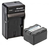 Minadax® Ladegeraet 100% kompatibel fuer Panasonic VW-VBN130 inkl. Auto Ladekabel, Ladeschale austauschbar + 1x Akku wie VW-VBN130