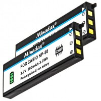 Minadax® Ladegerät 100% kompatibel mit Casio NP-50 inkl. Auto Ladekabel, Ladeschale austauschbar + 2x Akku Ersatz für NP-50
