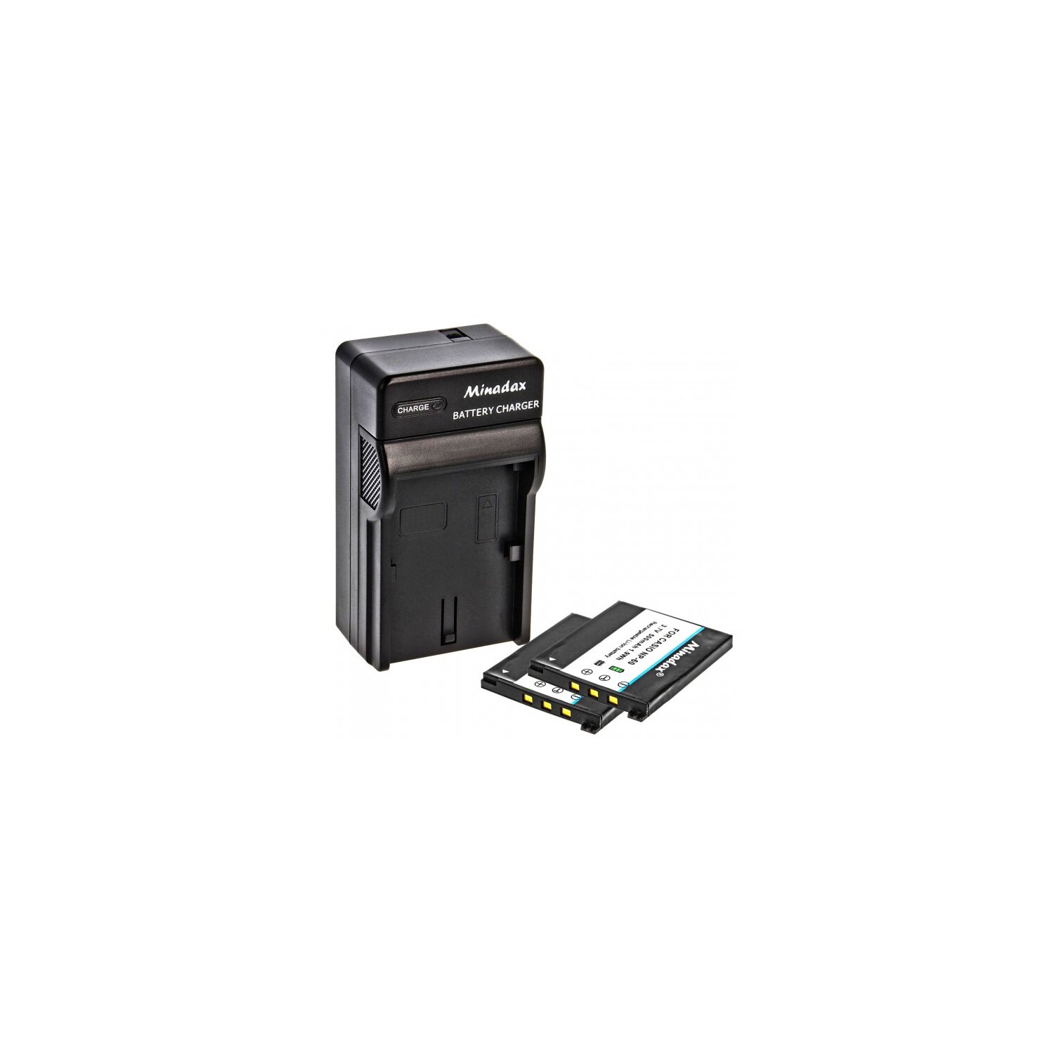 Minadax® Ladegerät 100% kompatibel mit Casio NP-60 inkl. Auto Ladekabel, Ladeschale austauschbar + 2x Akku Ersatz für NP-60