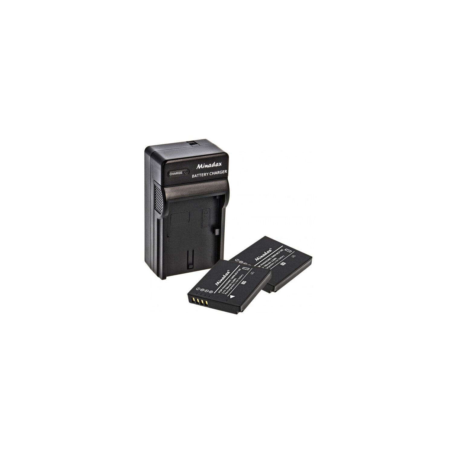 Minadax® Ladegeraet 100% kompatibel fuer Panasonic DMW-BCF10E inkl. Auto Ladekabel, Ladeschale austauschbar + 2x Akku wie DMW-BCF10E