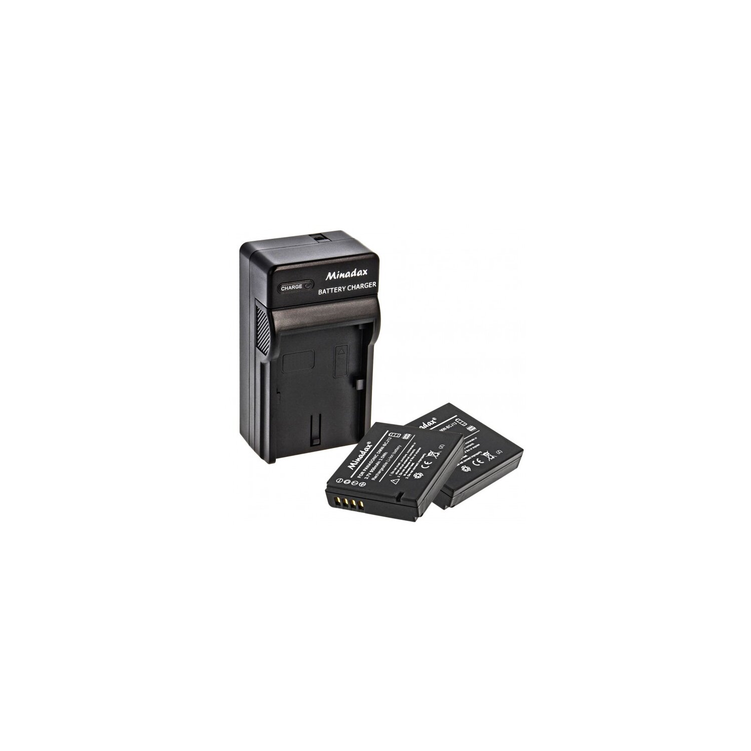 Minadax® Ladegeraet 100% kompatibel fuer Panasonic DMW-BCJ13 inkl. Auto Ladekabel, Ladeschale austauschbar + 2x Akku wie DMW-BCJ13