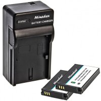 Minadax® Ladegeraet 100% kompatibel fuer Minolta SLB-10A inkl. Auto Ladekabel, Ladeschale austauschbar + 2x Akku wie SLB-10A