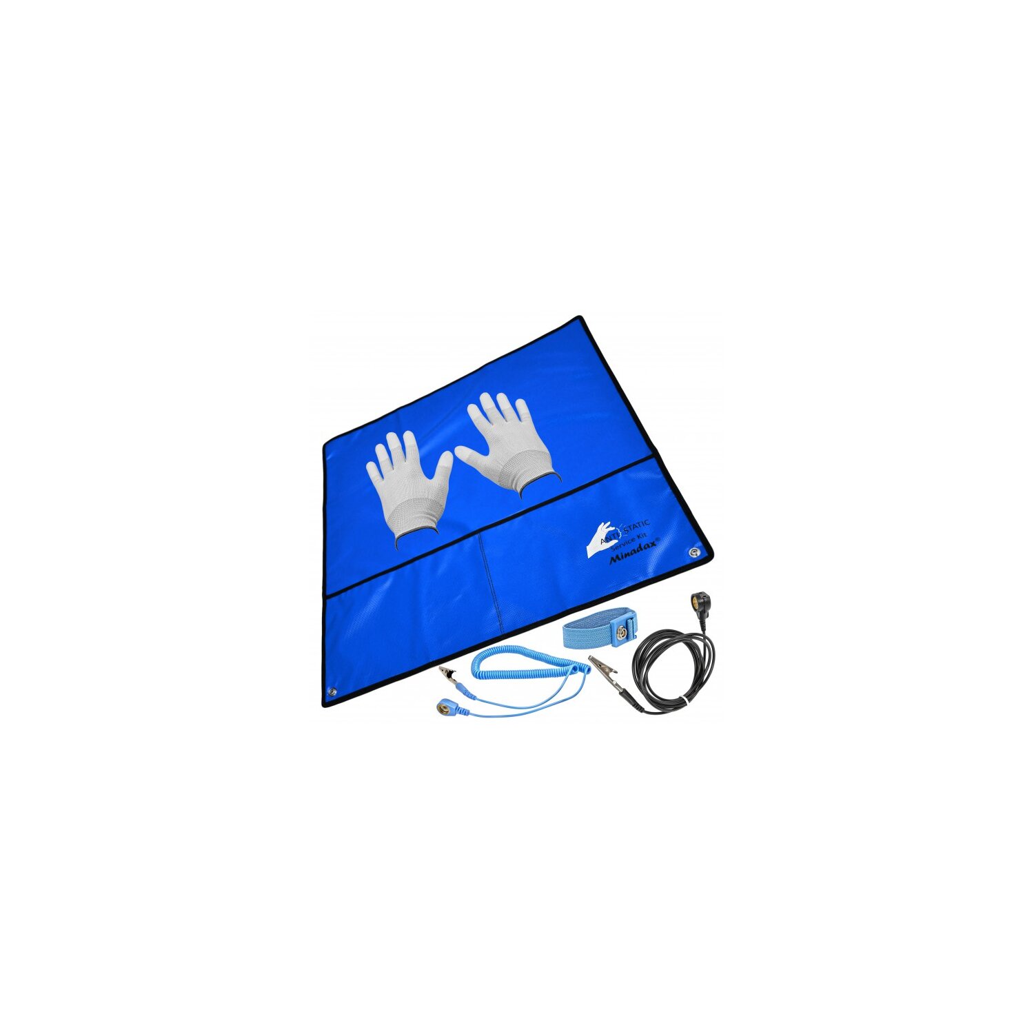 Minadax&reg; 60 x 60cm Antistatik-Set: Antistatikmatte in Blau Handgelenksschlaufe und Erdungskabel + Antistatik Handschuhe - Fuer ein sicheres Arbeiten und Schutz Ihrer Bauteile vor Entladungsschaeden