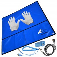 Minadax&reg; 60 x 60cm Antistatik-Set: Antistatikmatte in Blau Handgelenksschlaufe und Erdungskabel + Antistatik Handschuhe - Fuer ein sicheres Arbeiten und Schutz Ihrer Bauteile vor Entladungsschaeden