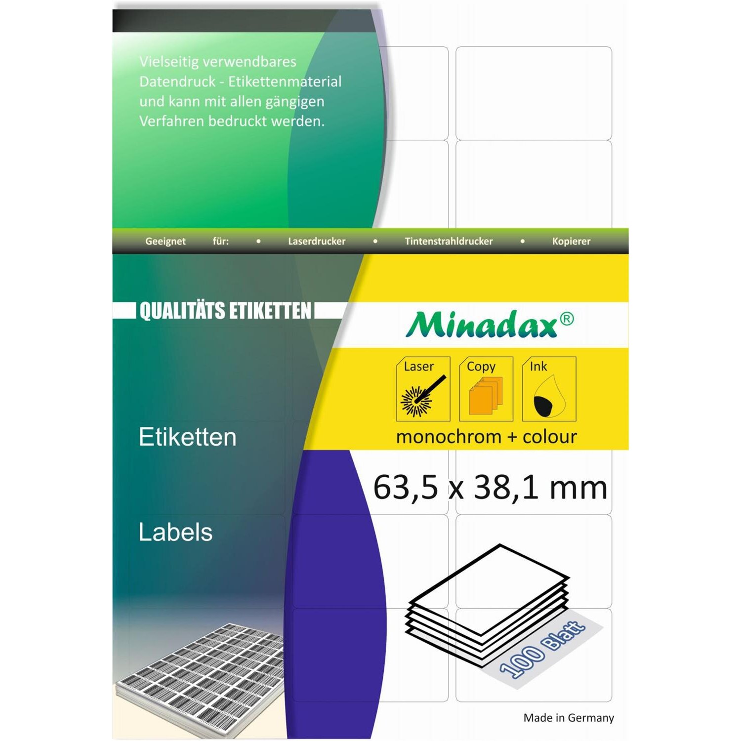 Minadax® 2100 Etiketten, auch fuer Amazon FBA, 63,5 x 38,1 mm, 21x je Blatt, 100 A4 Blaetter, permanent klebend, Made in Germany