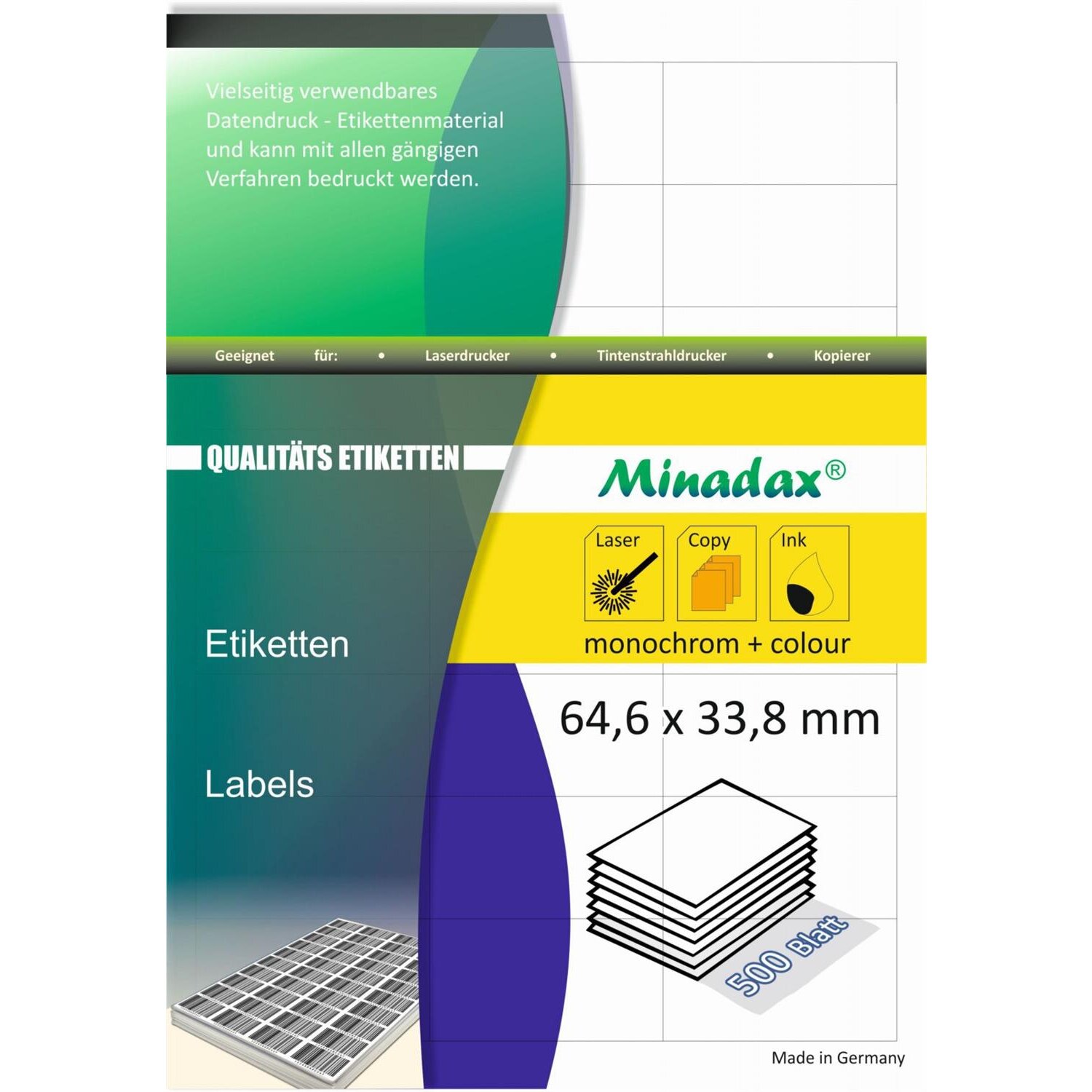 Minadax® 12000 Etiketten, auch fuer Amazon FBA, 64,6 x 33,8 mm, 24x je Blatt, 500 A4 Blaetter, permanent klebend, Made in Germany