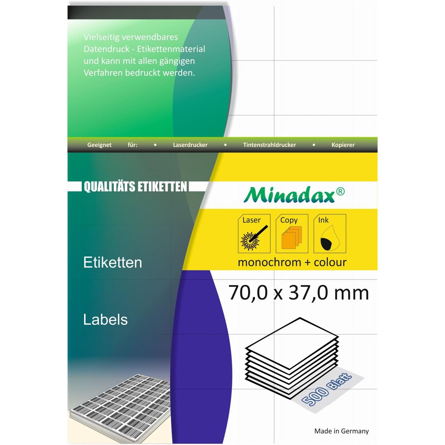Minadax® 12000 Etiketten, auch fuer Amazon FBA, 70,0 x 37,0 mm, 24x je Blatt, 500 A4 Blaetter, permanent klebend, Made in Germany