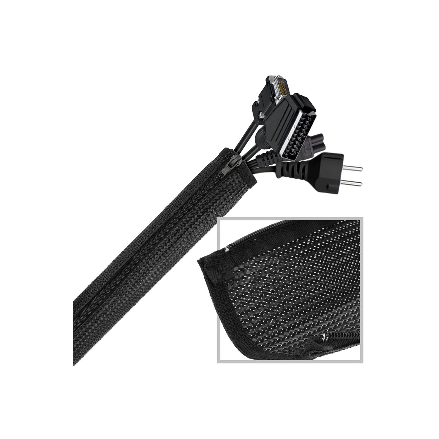 Minadax® Kabelschlauch Kabelmantel mit Reißverschluss 1,8m, 45mm Ø flexibles Kabelmanagement schwarz