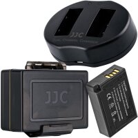JJC Ladegerät kompatibel mit Canon LP-E17 Akkus oder Nachbauten mit 2 Steckplätzen und USB-Anschlusskabel inkl. 1x LP-E17 Akku und 1x Akku Schutzbox für unterwegs und für zu Hause