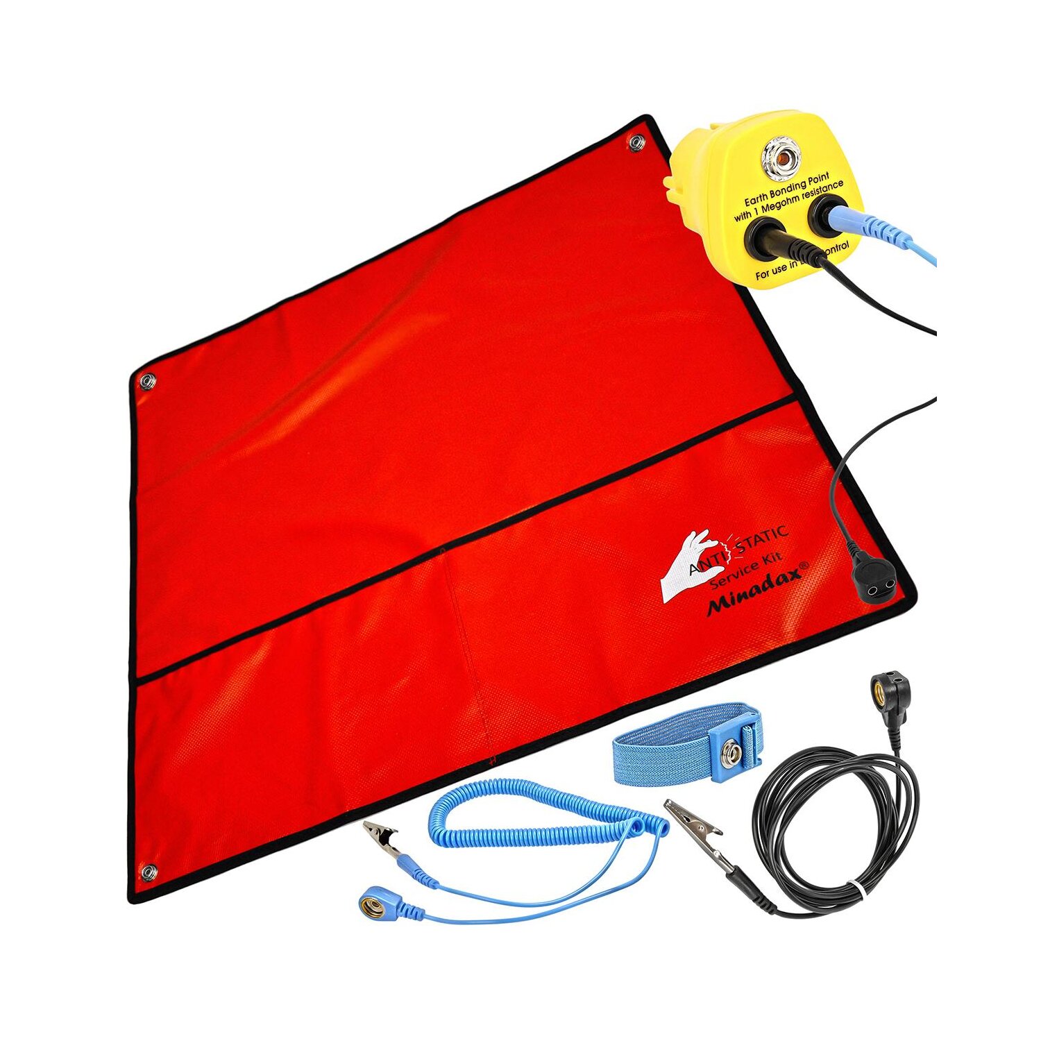 Minadax 60 x 60cm Antistatik ESD Matte in Rot inkl. Handschlaufe + Erdungsstecker + Verl&auml;ngerung 1,7m