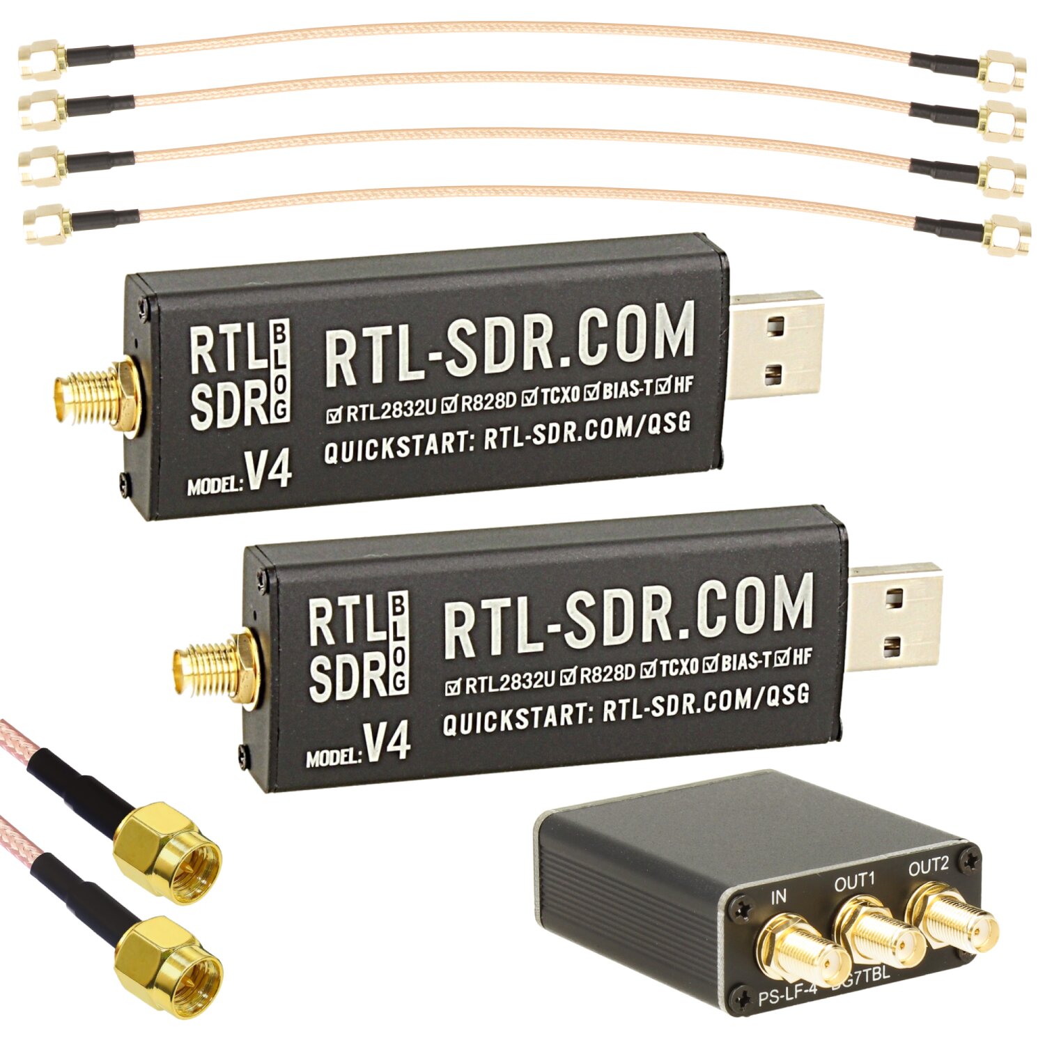 Impulsfoto 2x RTL-SDR Blog V4 Hochleistungs SDR R828D Tuner + 4 Fach Verteiler + 4x SMA Kabel