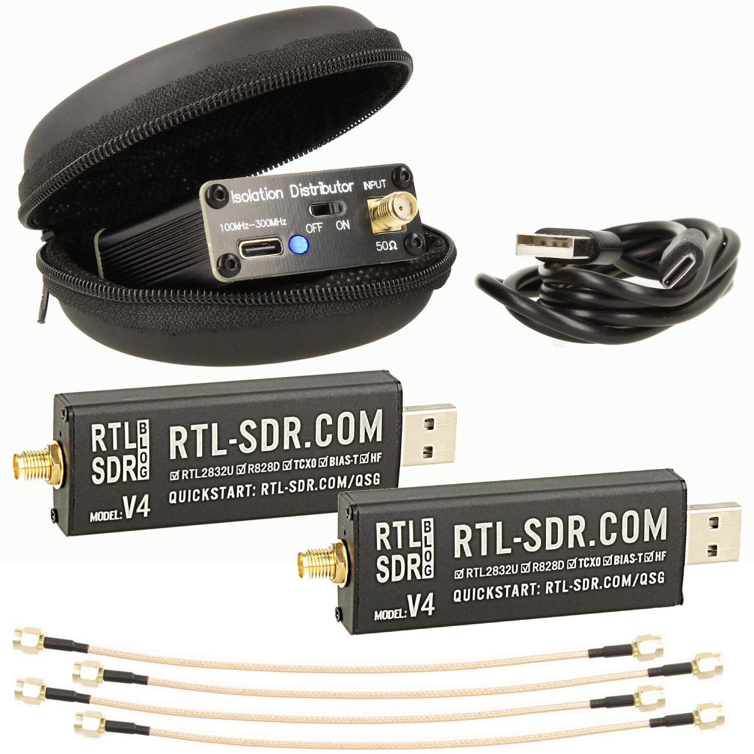 Impulsfoto 2x RTL-SDR Blog V4 Hochleistungs SDR R828D Tuner + 4 Fach Active Antennen Verteiler + 4x SMA Kabel